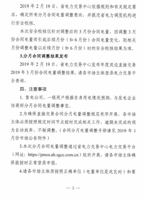  安徽2019年3月電力直接交易合同分月電量調整2月19日展開